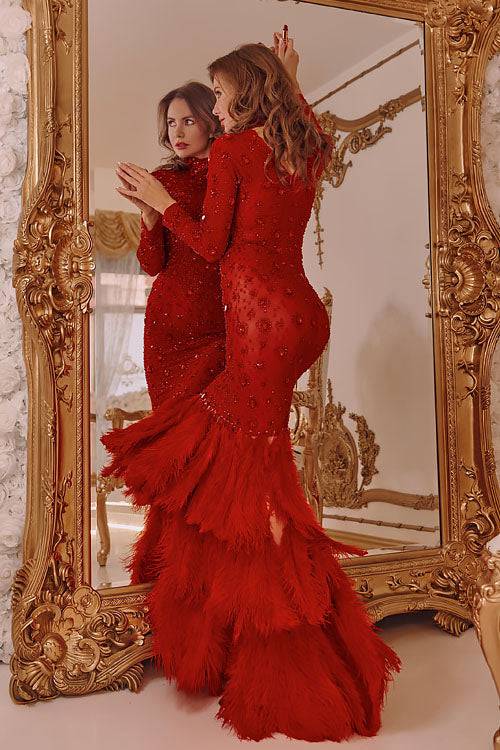 Ryder Red Feather Dress (Ready to Ship)