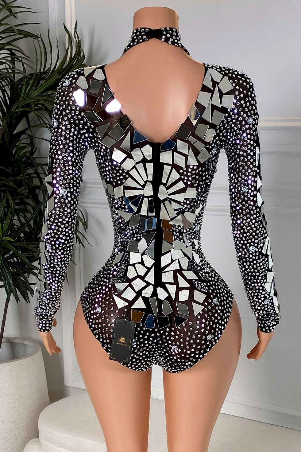Amelia Rhinestone Black Mirror Playsuit (Ready To Ship)