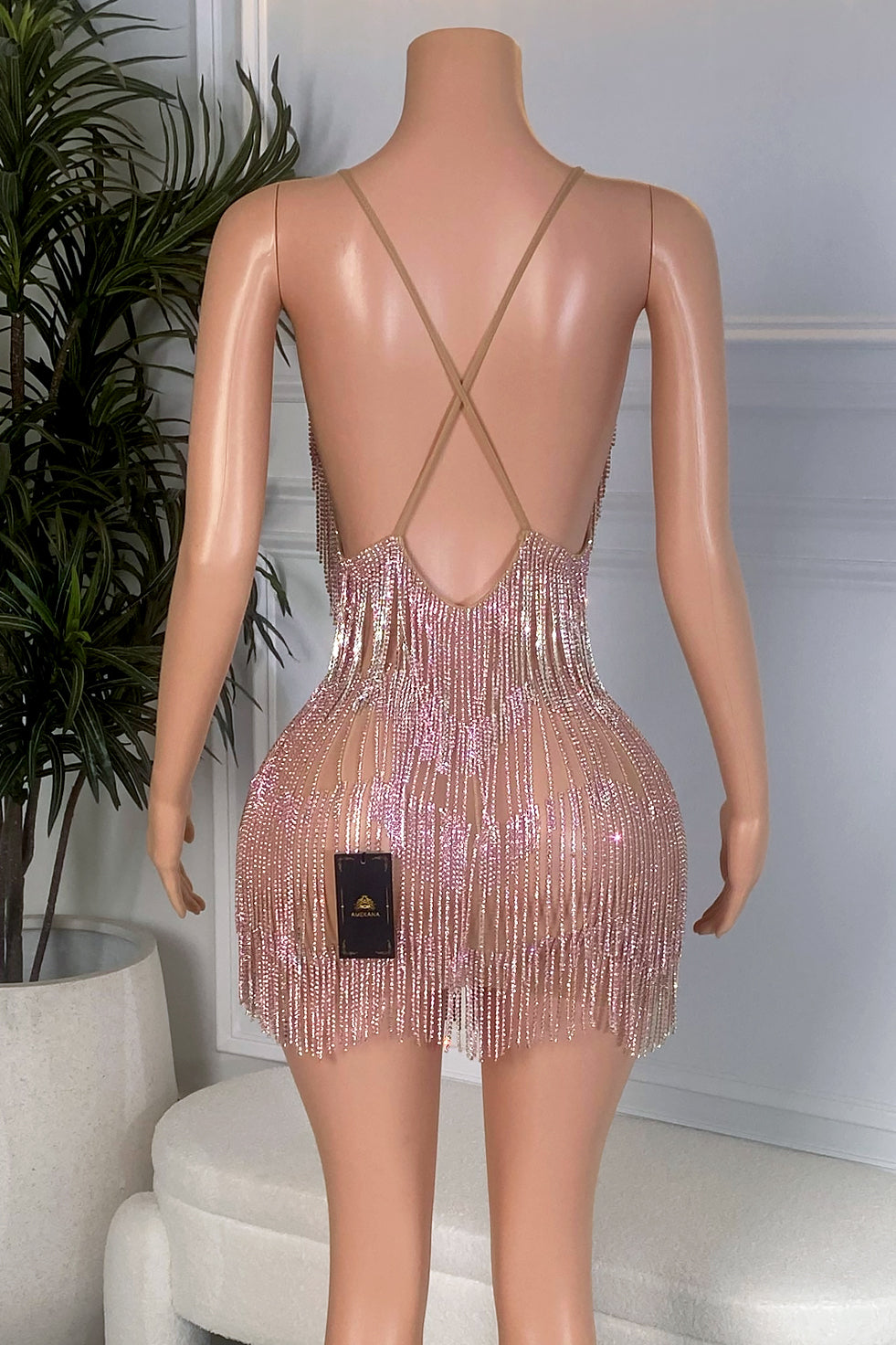 Casino Pink Diamante Tassel Dress (Ready To Ship)