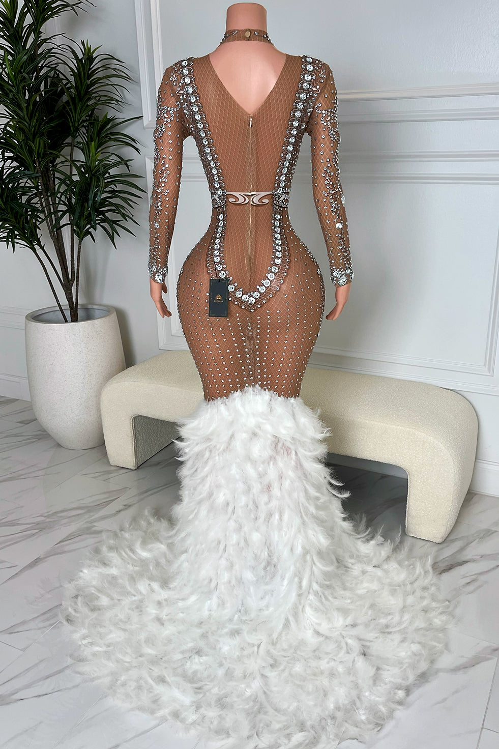Diamond Gal Diamante Mesh Feather Maxi Dress (Rhinestones) (Pre-Order)