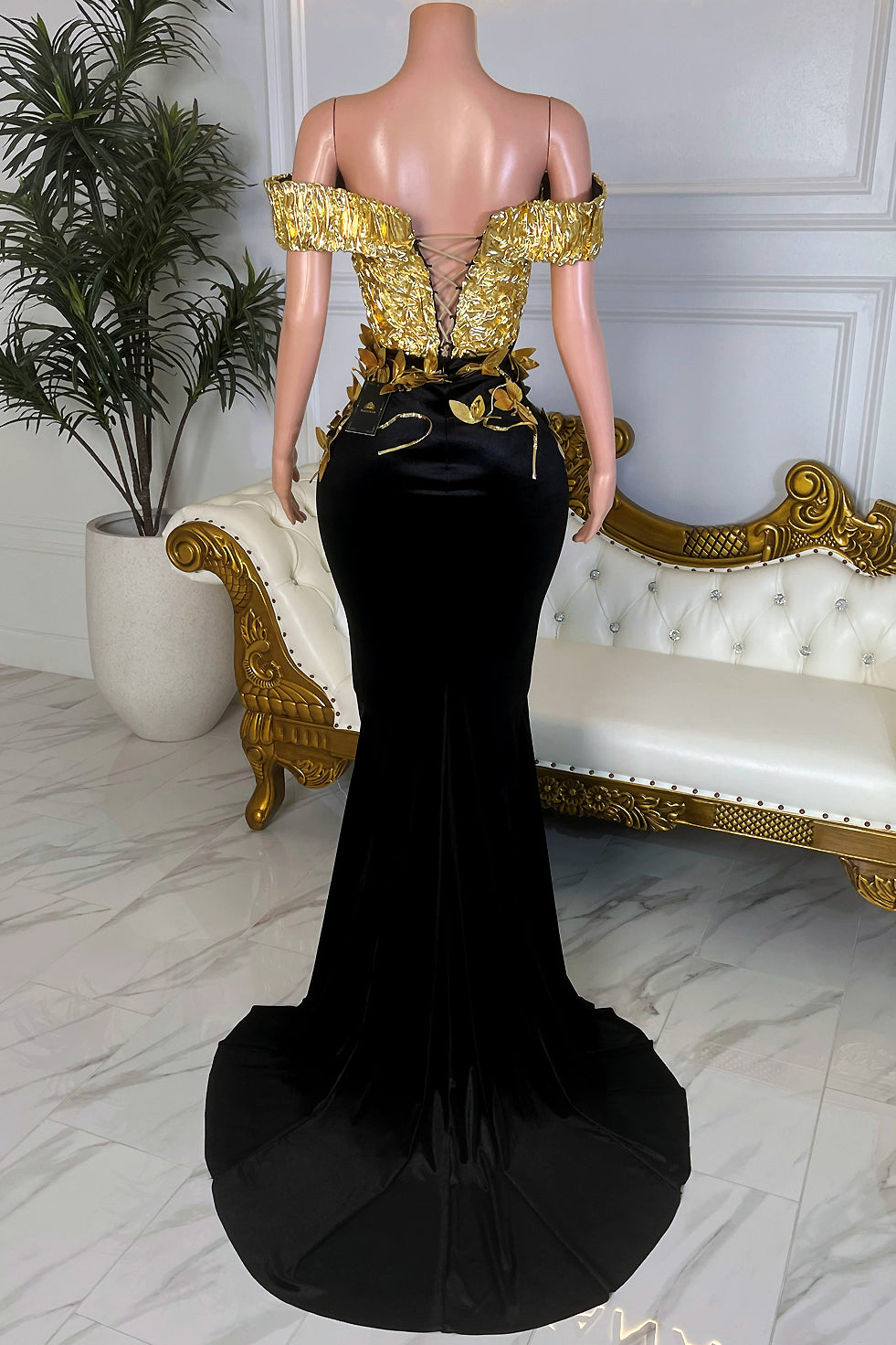 Petals At Midnight Gold Dress (Ready to Ship)