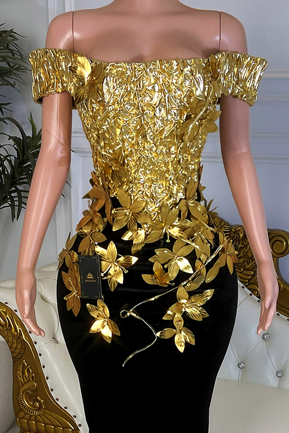 Petals At Midnight Gold Dress (Ready to Ship)