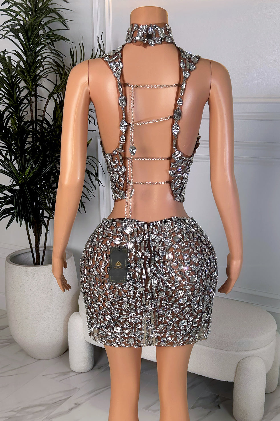 Front view of nude sheer rhinestone skirt set with silver crystal embellishments, high-neck crop top, and matching mini skirt.