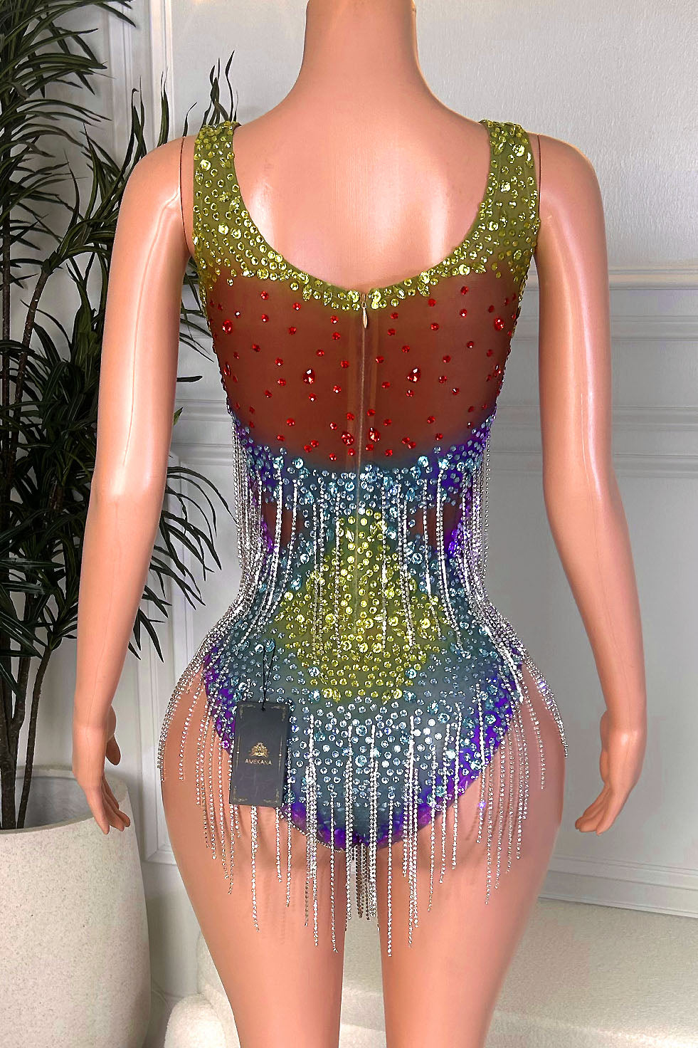 Back view of multicolor rhinestone bodysuit on nude mesh with green straps, rainbow rhinestone pattern, and silver crystal fringe at the waist.