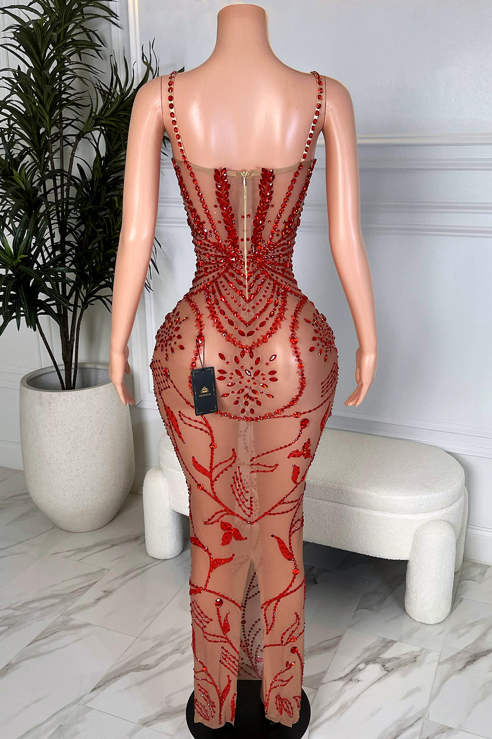Amekana Scarlet Bloom Goddess Dress, red rhinestone floral nude illusion midi dress, back view showing sheer mesh and crystal detailing