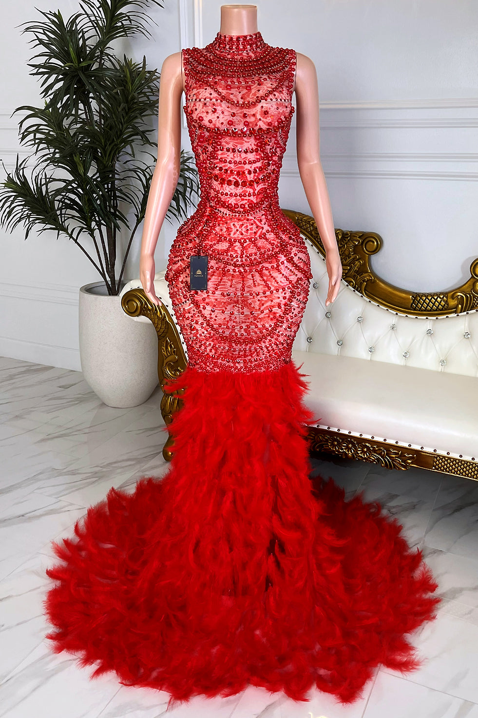 Chantilly Red Feather Dress (Ready To Ship)