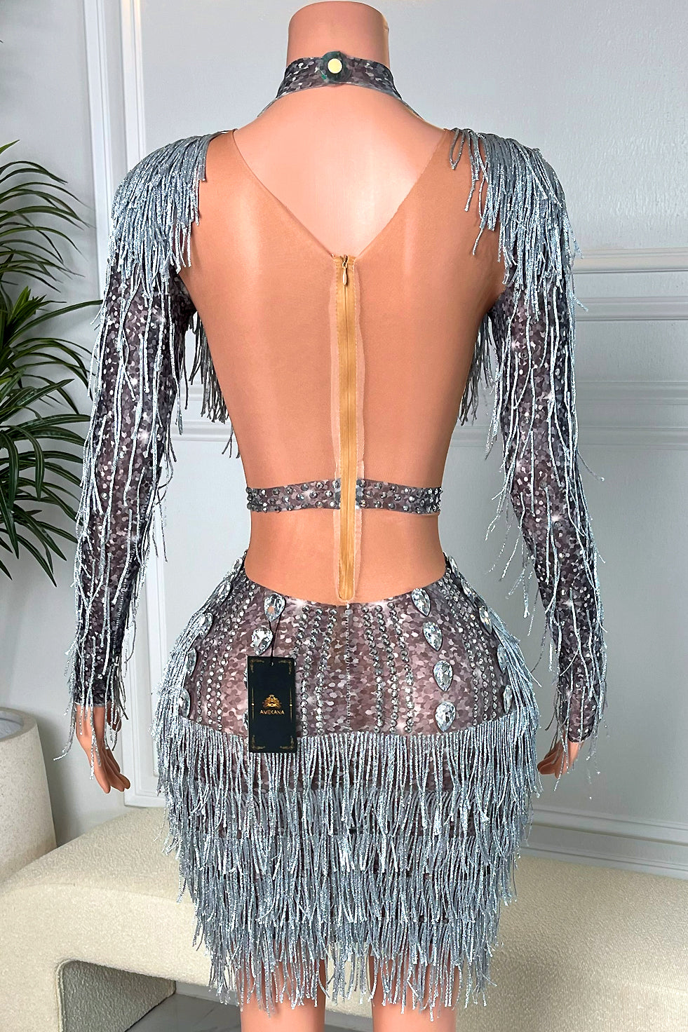 Deja Diamante Mesh Tassel Dress (Ready to Ship)