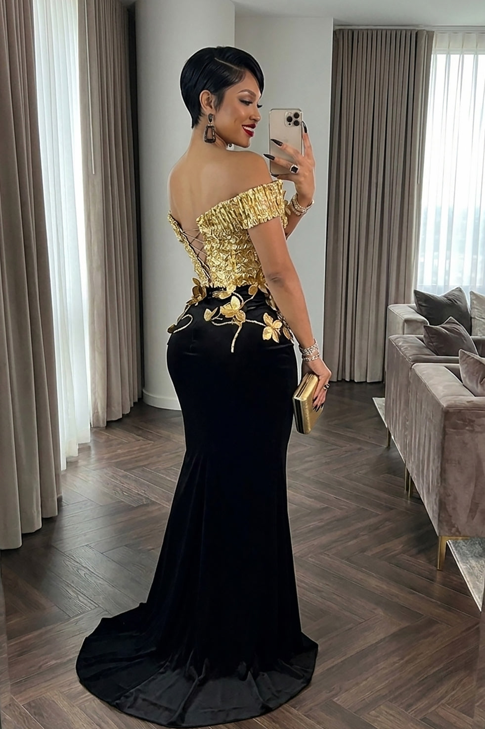 Petals At Midnight Gold Dress (Pre-Order)