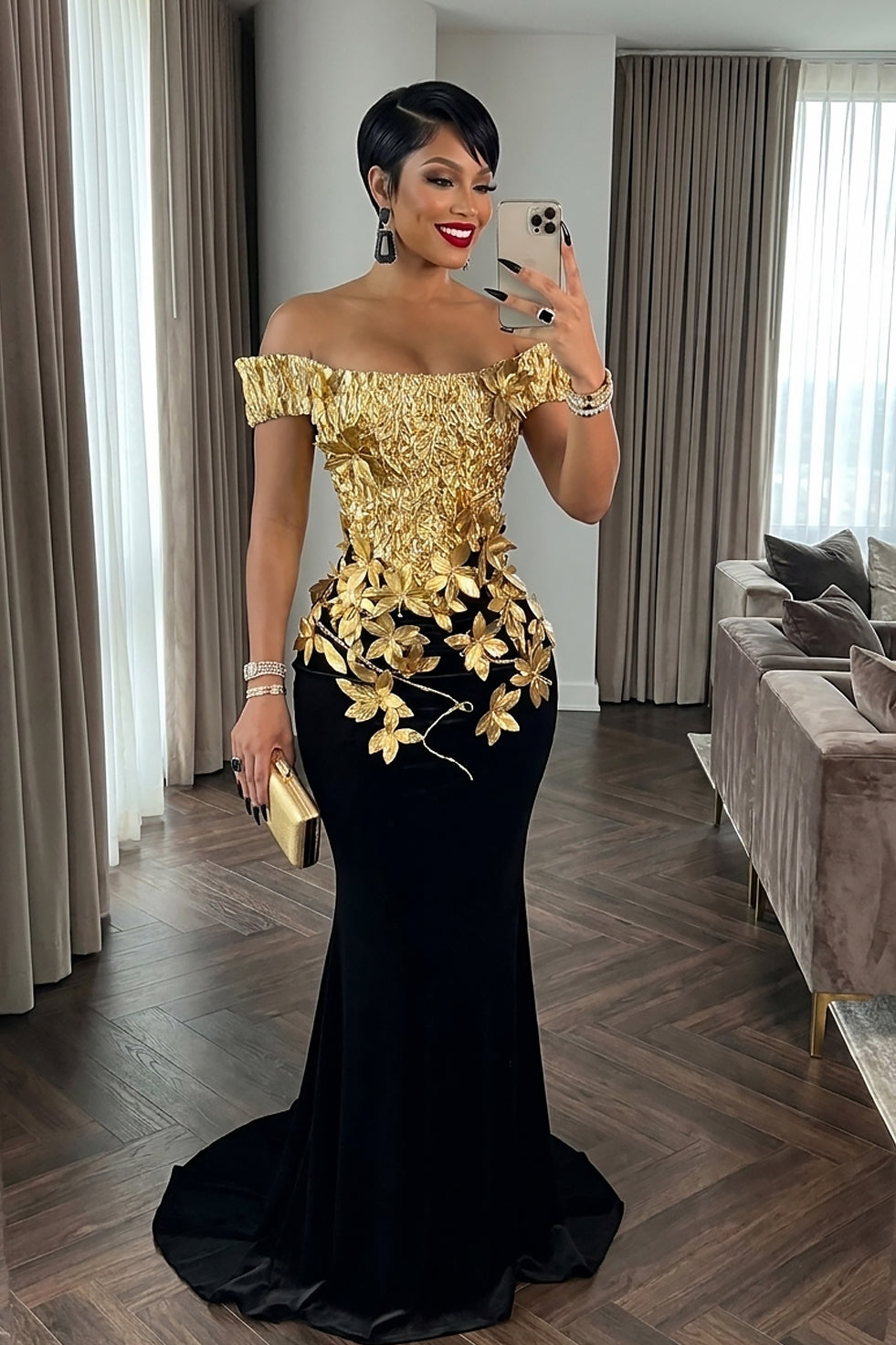 Petals At Midnight Gold Dress (Pre-Order)
