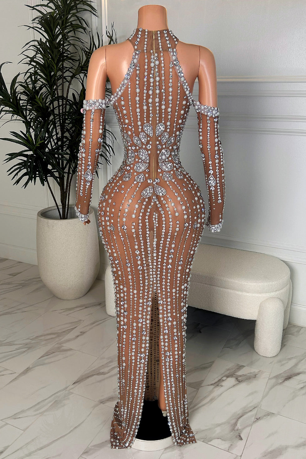 Back view of brown nude illusion pearl rhinestone maxi dress with open-back cutout and long sleeves, Amekana