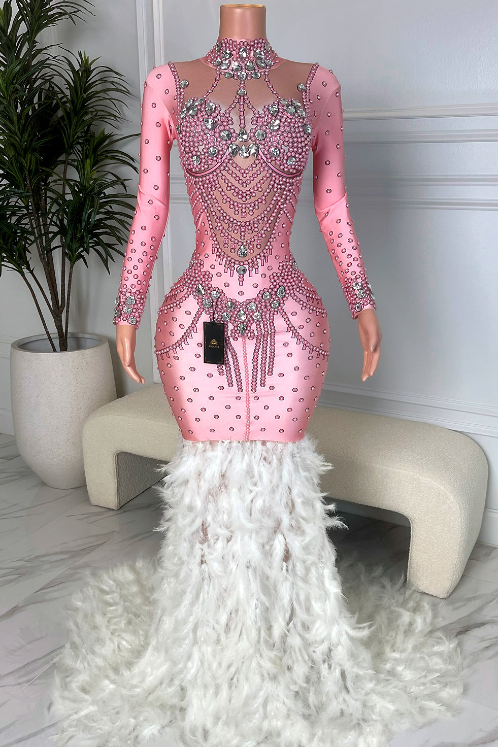 Ex Revenge Diamante Feather Dress (Rhinestones)(Ready To Ship)