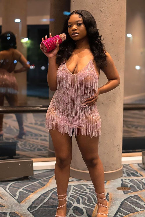 Casino Pink Diamante Tassel Dress (Ready To Ship)