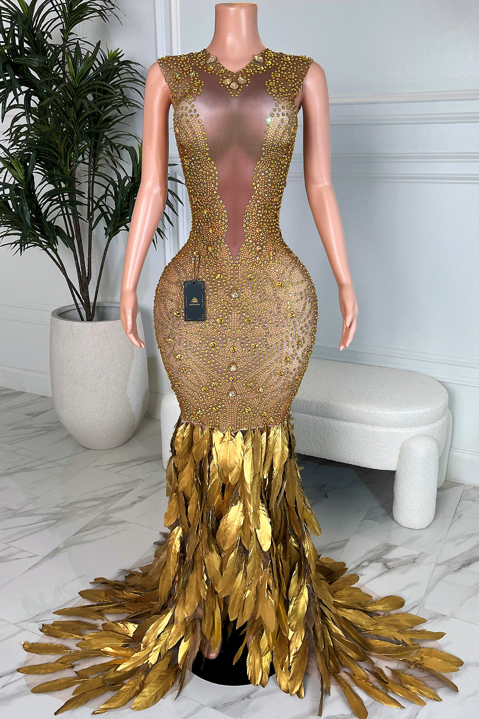 Golden Gal Rhinestone Feather Dress (Ready to Ship)