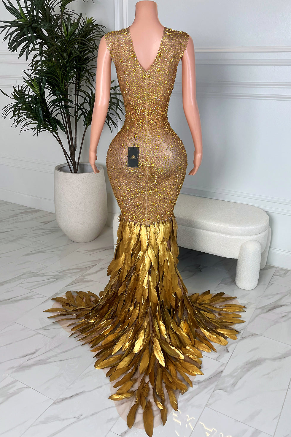 Golden Gal Rhinestone Feather Dress (Ready to Ship)