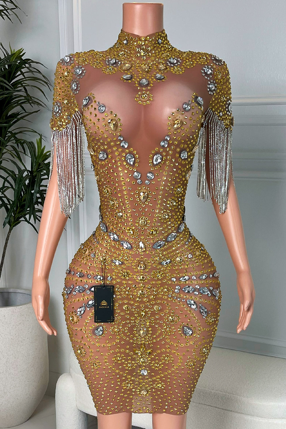 Libra Diamante Gold Tassel Dress (Ready To Ship)