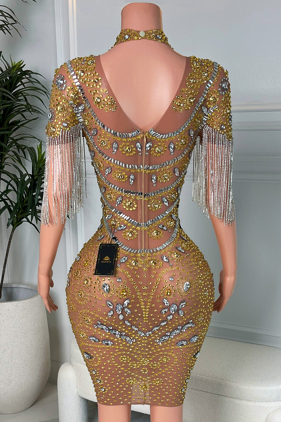 Libra Diamante Gold Tassel Dress (Ready To Ship)