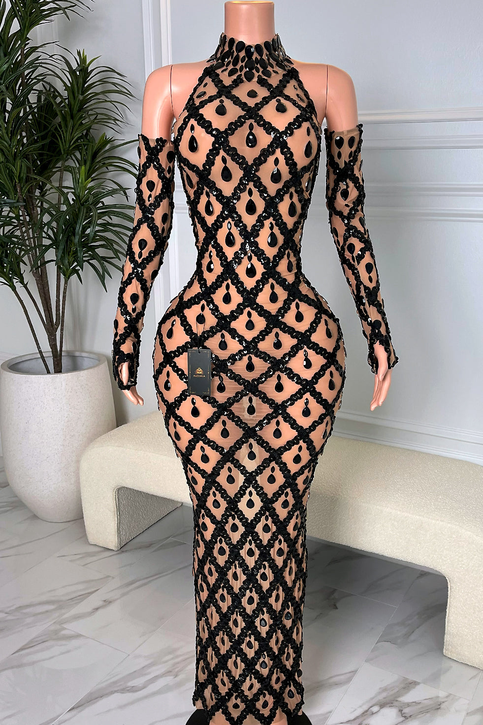 Midnight Nude Rhinestone Dress (Ready To Ship)