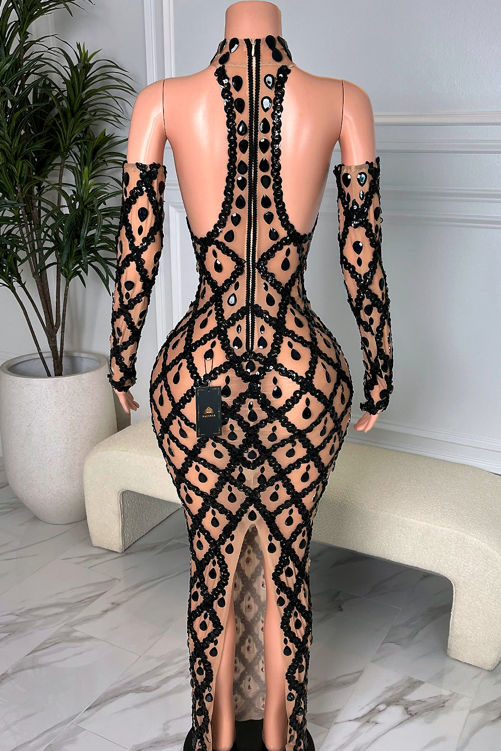 Midnight Nude Rhinestone Dress (Ready To Ship)