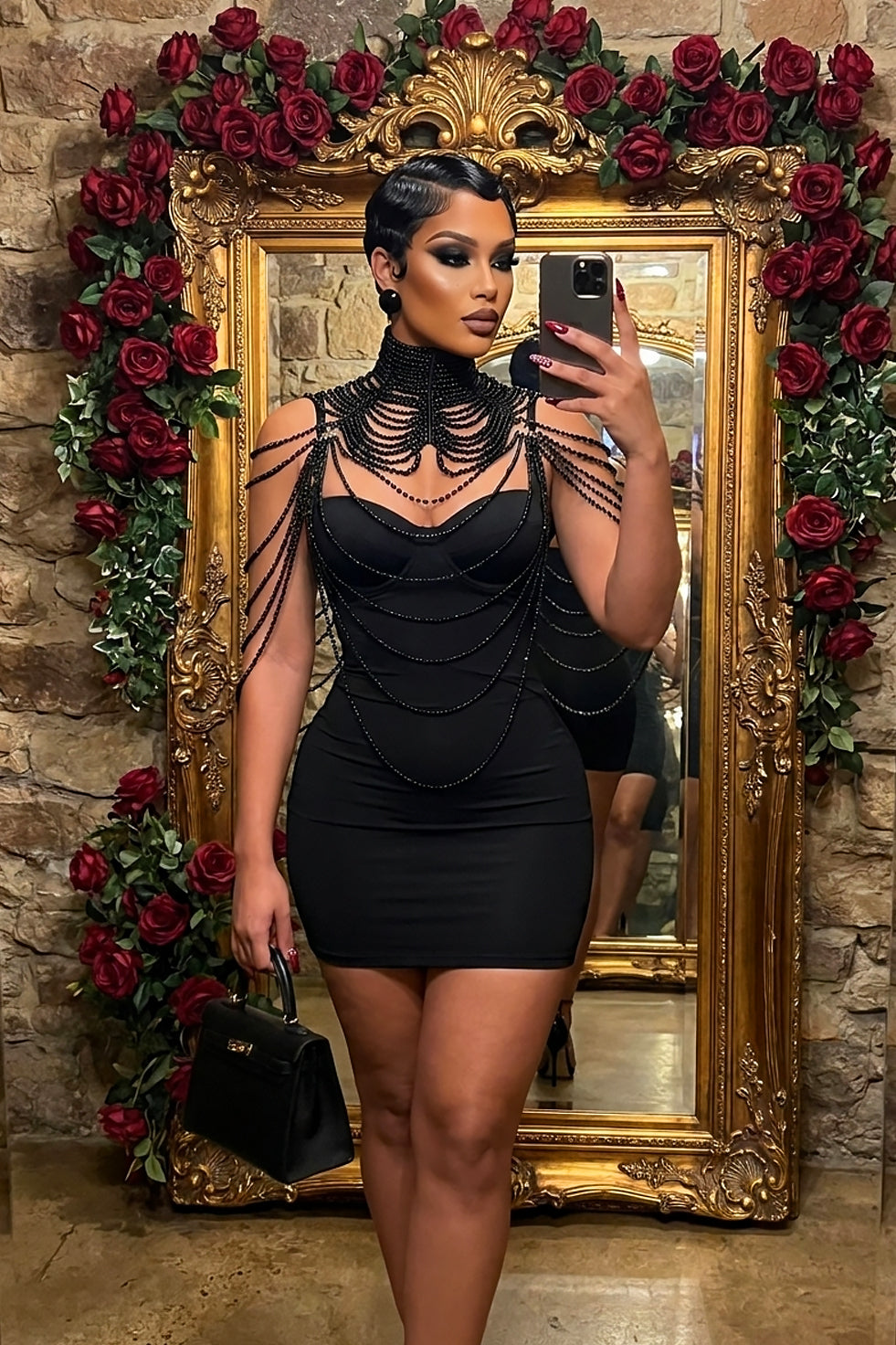 Front view of a black beaded shoulder drape accessory with a high collar, cascading bead chains, shoulder details, and statement layered design.