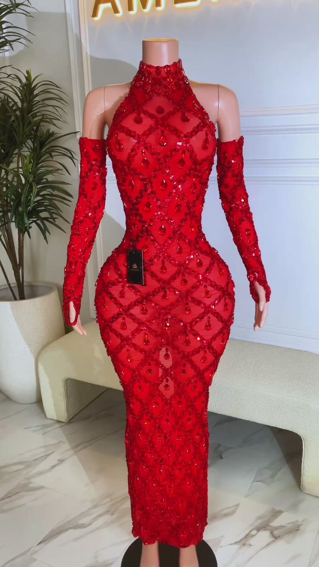 Midnight Red Rhinestone Dress (Ready To Ship)