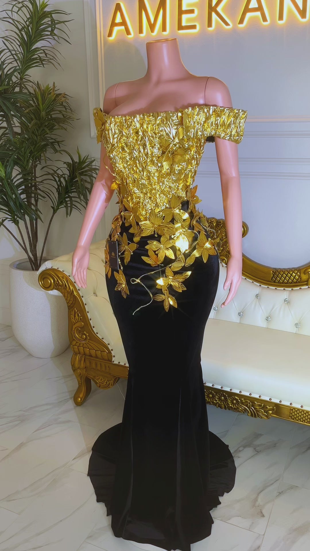 Petals At Midnight Gold Dress (Ready to Ship)