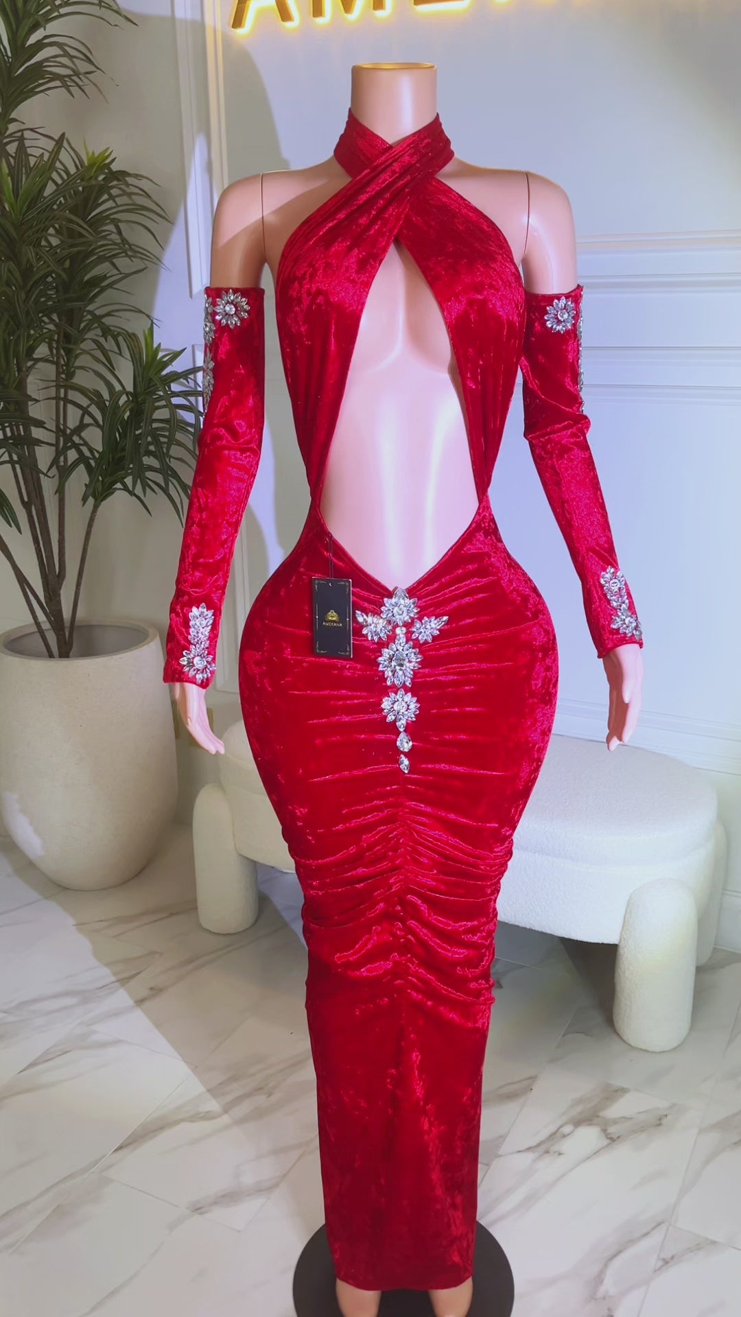 Chrissy Red Diamante Dress (Ready To Ship)