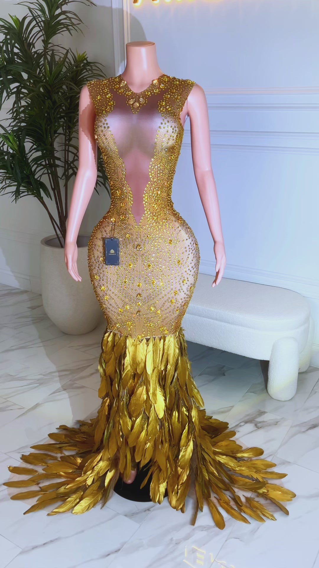 Golden Gal Rhinestone Feather Dress (Ready to Ship)