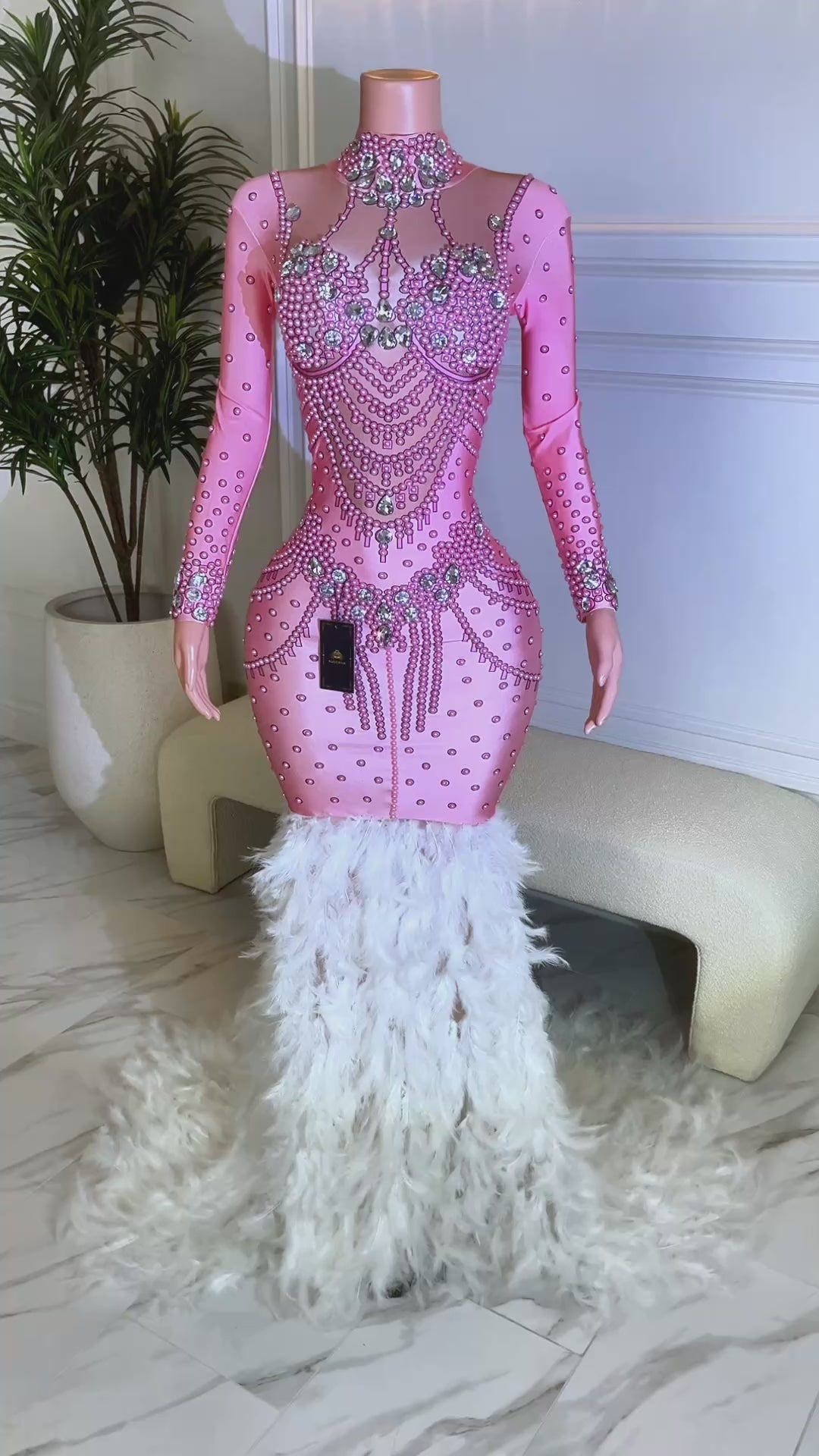 Ex Revenge Diamante Feather Dress (Rhinestones)(Ready To Ship)