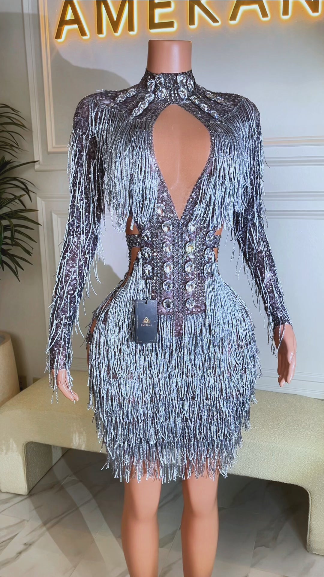 Deja Diamante Mesh Tassel Dress (Ready to Ship)