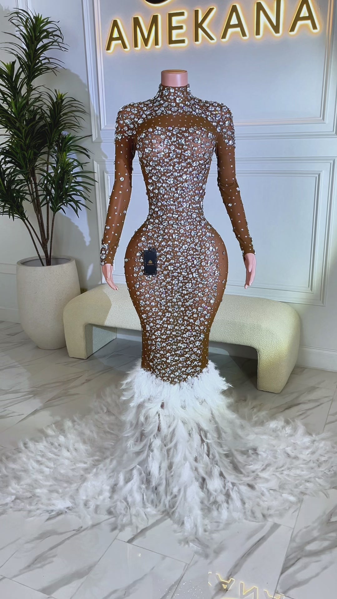 Kaelie Rhinestone Feather Dress (Ready To Ship)