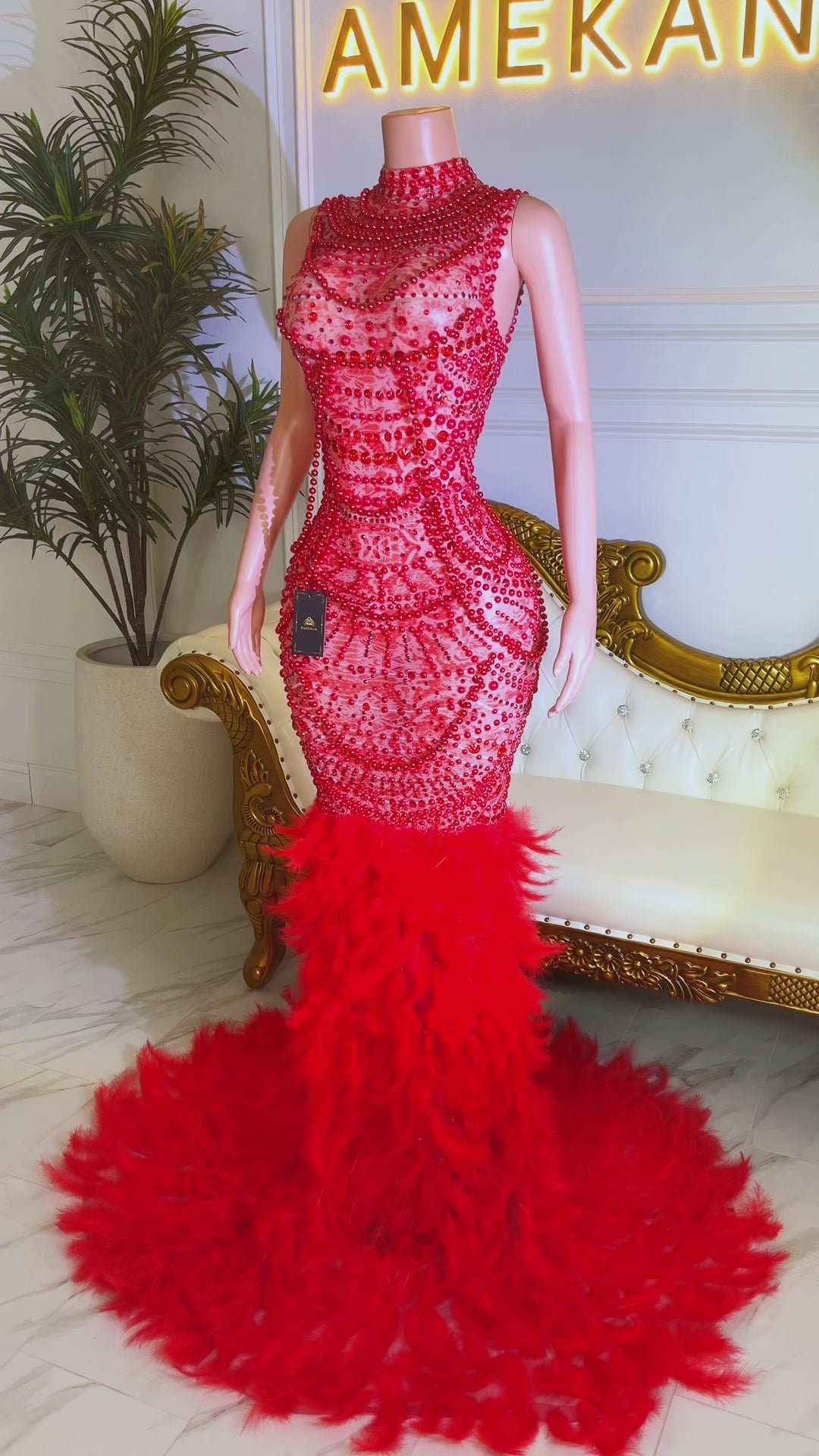 Chantilly Red Feather Dress (Ready To Ship)