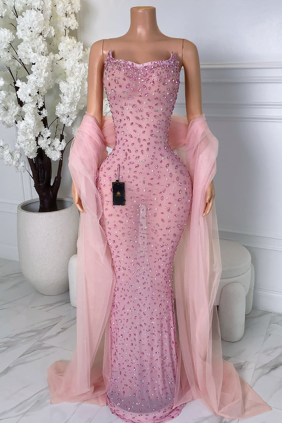 Front view of pink rhinestone maxi dress with matching sheer pink shawl