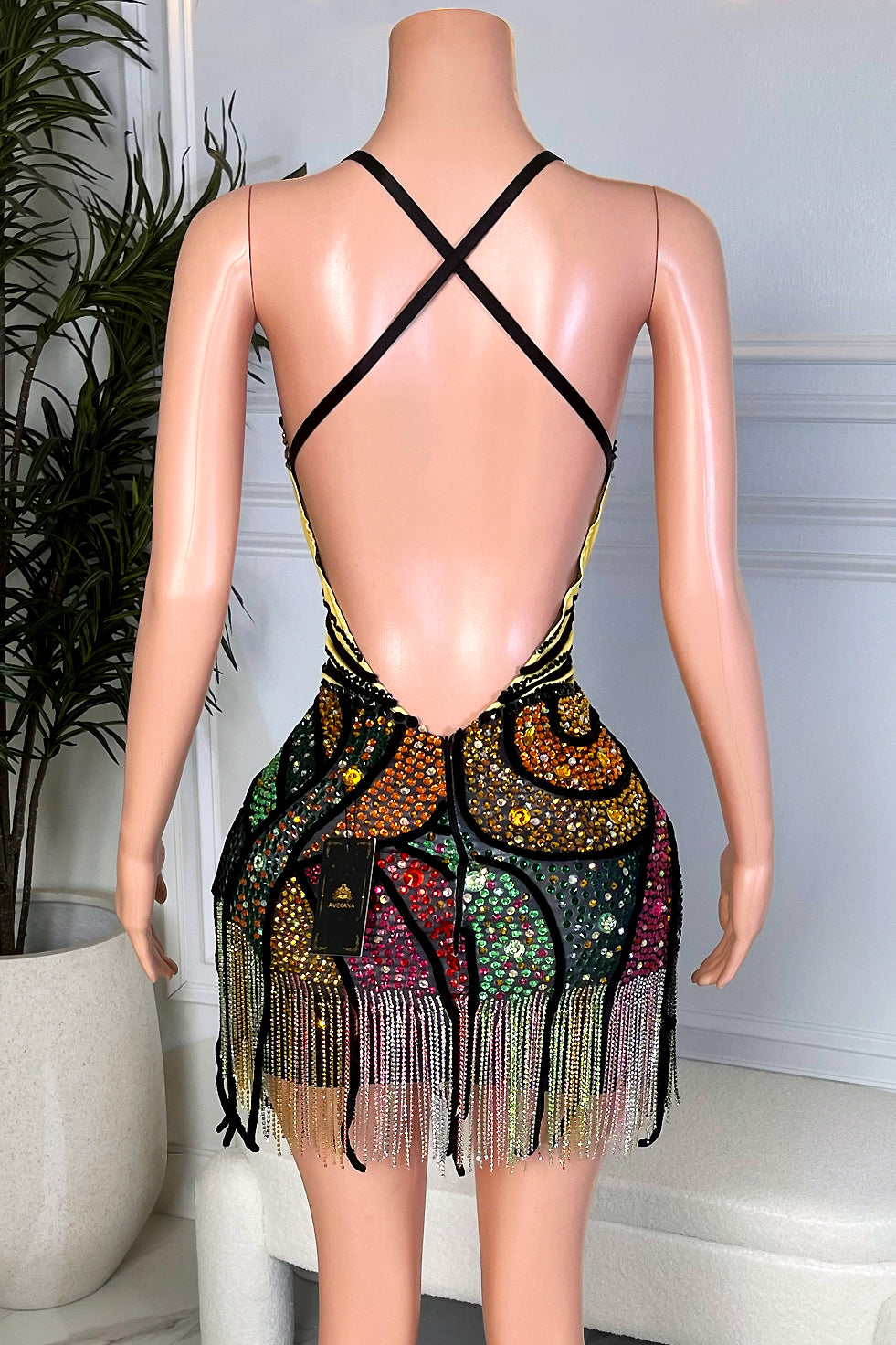 Back view of a multicolor rhinestone butterfly mini dress with crisscross straps, low open back, and crystal fringe hem from Amekana.