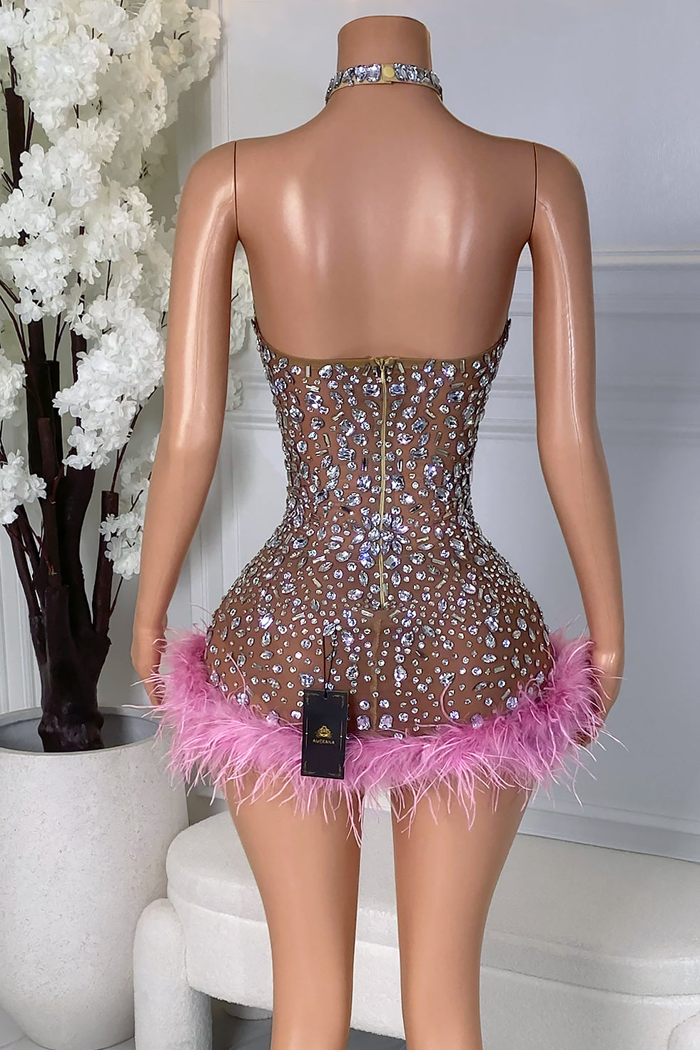 Back view of the Limoris Pink Feather Mini Dress featuring an open back, zipper closure, silver crystal embellishments, and pink feather trim