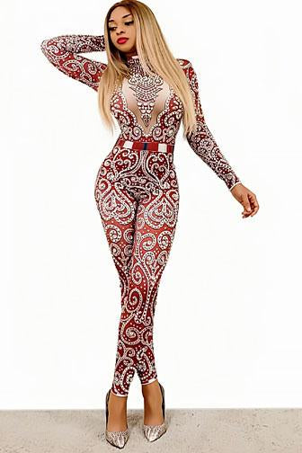 Anything you want Red diamante bodysuit (Ready To Ship)