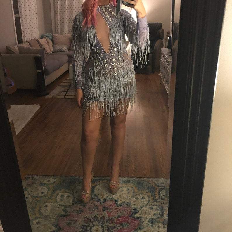 Deja Diamante Mesh Tassel Dress (Ready To Ship)