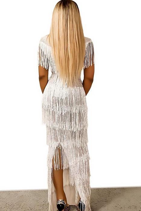 Kally White Tassel Diamante Evening Dress