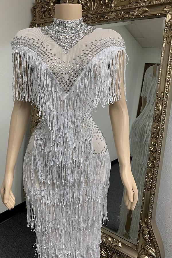 Kally White Tassel Diamante Evening Dress