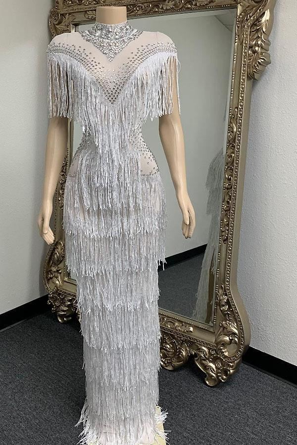Kally White Tassel Diamante Evening Dress