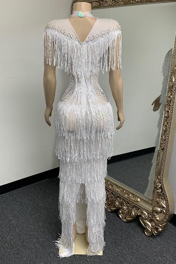 Kally White Tassel Diamante Evening Dress