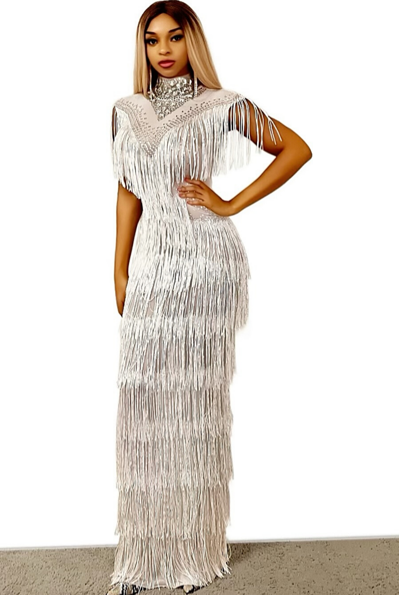 Kally White Tassel Diamante Evening Dress