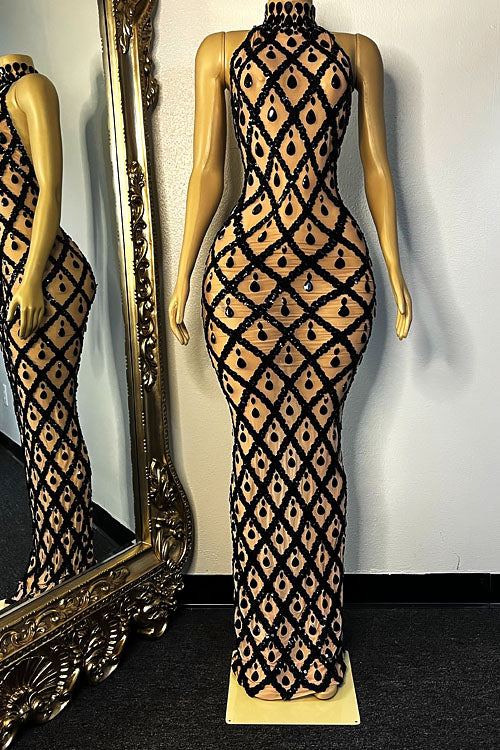 Midnight Nude Rhinestone Dress (Ready To Ship)