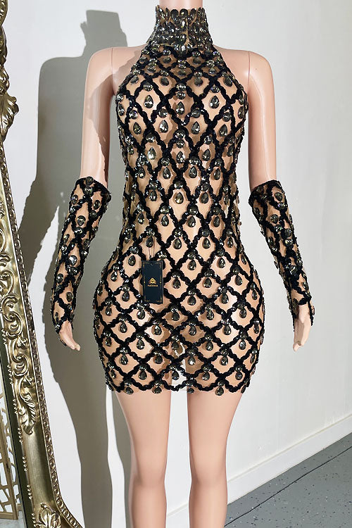 Midnight Mini Rhinestone Dress - amekana.mom