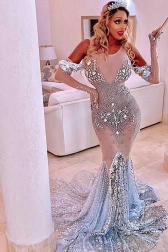Valerie Silver Diamante Mesh Evening Dress (Ready To Ship)